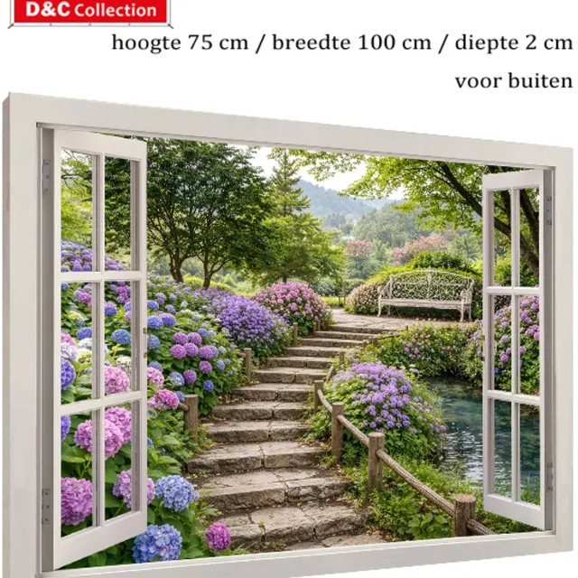 D&C Collection Tuinposter doorkijk met bloemen - op houten frame - 75x100x2 cm - modern wit venster - hortensia trap - pad - tuindoek met uitzicht op romantisch bankje - vijver paars, groen