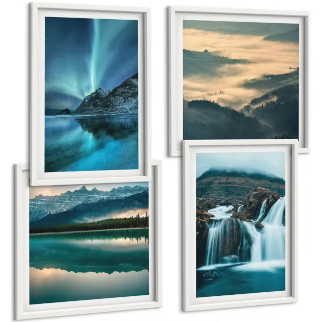TULUP 4-Delige Schilderij Set - Winterlandschappen met watervallen en het noorderlicht - 40x40 en 40x60 - Wanddecoratie - Schilderijen Set - Kantoor - Muurdecoratie witte lijst