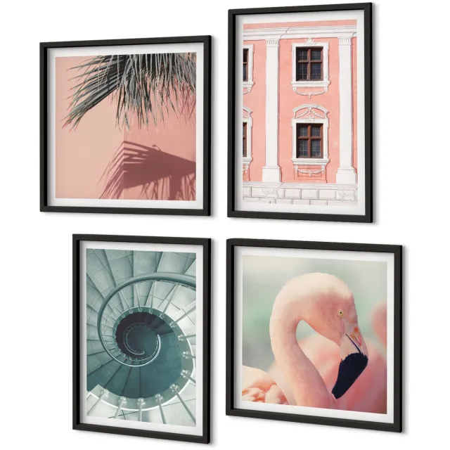 Coloray 4-Delige Schilderij Set - Pastelkleurige Architectuur En Spiraalpatronen - 40 x 40 cm En 40 x 60 cm - Moderne Wanddecoratie - Slaapkamer - Interieur Decoratie Zwarte lijst