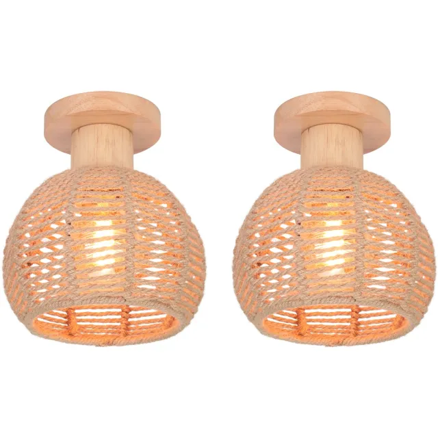 Henneptouw 2 Stuks Plafondlamp Henneptouw Weven E27 Plafondverlichting Vintage voor Woonkamer Slaapkamer Houtkleur
