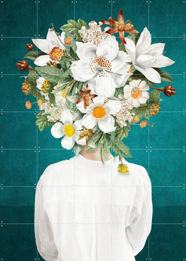 IXXI A New Hairdo, Marja van den Hurk - 100 x 140 cm - Grote wanddecoratie en posters - Modern, Digitale Kunst, Illustraties, Surrealisme, Collage Groen / Blauw / Wit