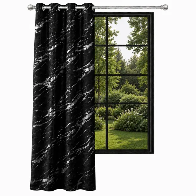 NOW-ART Luxe Velours Gordijn 140x250 cm Zwart met Zilveren Marmerlook