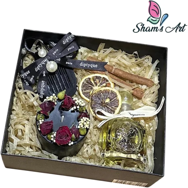 Sham's Art Luxe Cadeau Set - Zwart - Handgemaakte Elegante Kaars met Gedroogde Rozen + Rietverspreiderparfum en Garderobeparfum - Geschenk Set - Geur Kaars