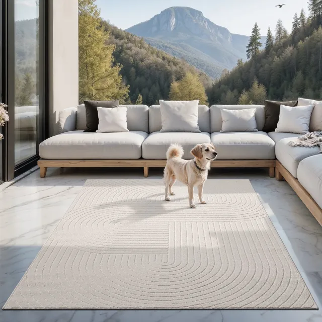 the carpet Santo Plus – Outdoor Vloerkleed 3D-Patroon, Weerbestendig – Crème Boho – Balkon, Terras & Woonkamer – 160 x 220 cm crème met boho-accenten