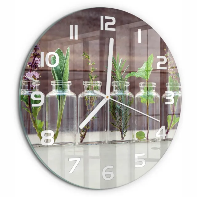 TULUP Wandklok - Planten in glazen Wandklok Glas Met Motief - fi30 cm - Groente Decoratieve Glazen Klok - Witte handen - Ronde Klok - Gekleurde Glazen Klok - Glazen Klok Met Print