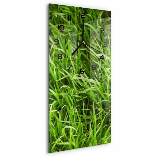 TULUP Wandklok - Gras Moderne Wandklok Glas - 30x60 cm - Groente Wandklok Glas Decoratie - Zwarte handen - Rechthoekige Klok - Glazen Wandklok Design - Klok Glas Met Opdruk
