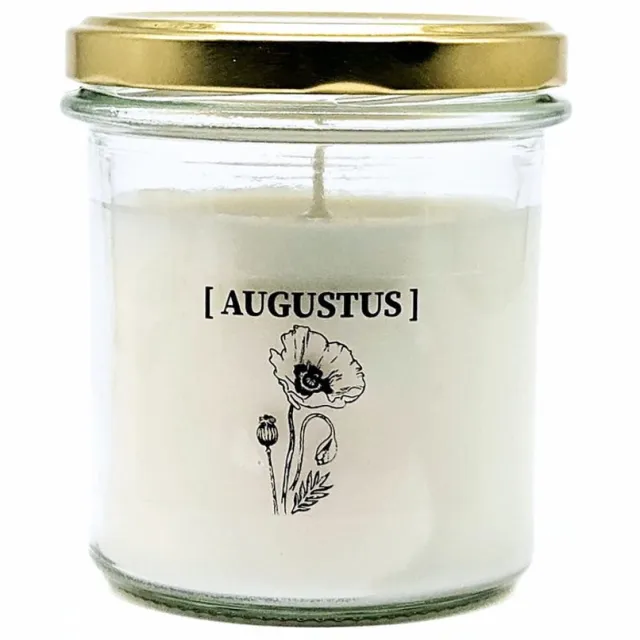Candlelight-on geurkaars met geboortebloem en geboortedatum - 8 augustus - o.b.v. sojawas en etherische oliën Wit
