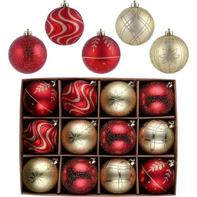 Cosensi Kerstballen Set van 12 stuks 8 cm - Cadeaupakket - Kerstboomversiering - Hanger - Decoratie Kerstmis Rood Goud Any