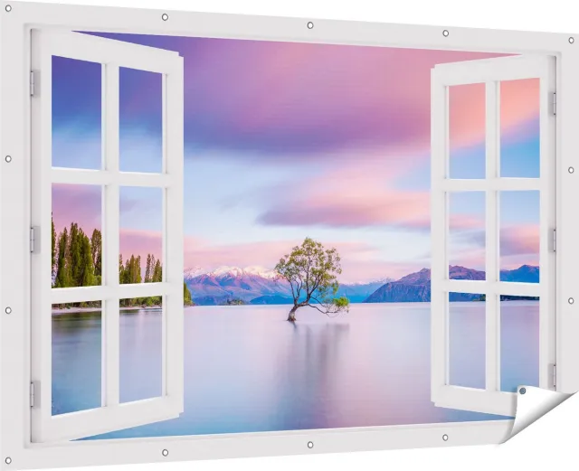 Gards Tuinposter Doorkijk Wanaka Boom in het Water bij Zonsopgang - 180x120 cm - Tuindoek - Tuindecoratie - Wanddecoratie buiten - Tuinschilderij Multikleur
