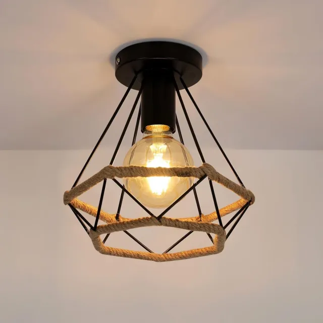 Haobosic Retro industriële plafondlamp van metaal met kooi, lampenkap van henneptouw, ideaal voor slaapkamer, café, bar, restaurant of keuken Black