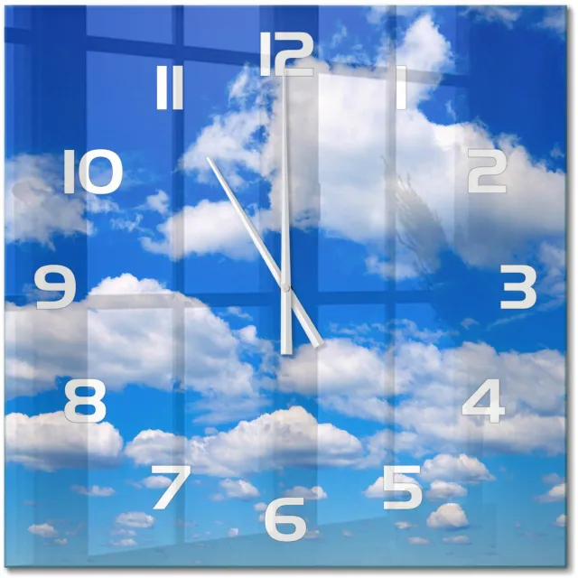TULUP Wandklok - Wolken aan de hemel Glazen Klok Met Print - 60x60 cm - Blauw Wandklok Glas Met Motief - Witte handen - Vierkante Klok - Wandklok Glas Decoratie - Gekleurde Glazen Klok