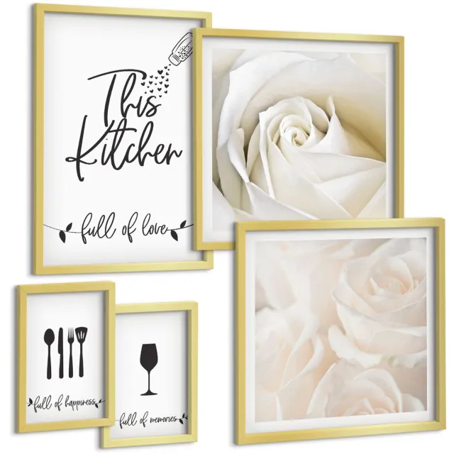 TULUP 5-Delige Schilderij Set - Stijlvolle keukendecoratie met plantmotieven en opschriften. - 50 x 50 cm, 20 x 30 cm en 40 x 60 cm - Moderne Wanddecoratie - Woonkamer Gouden lijst