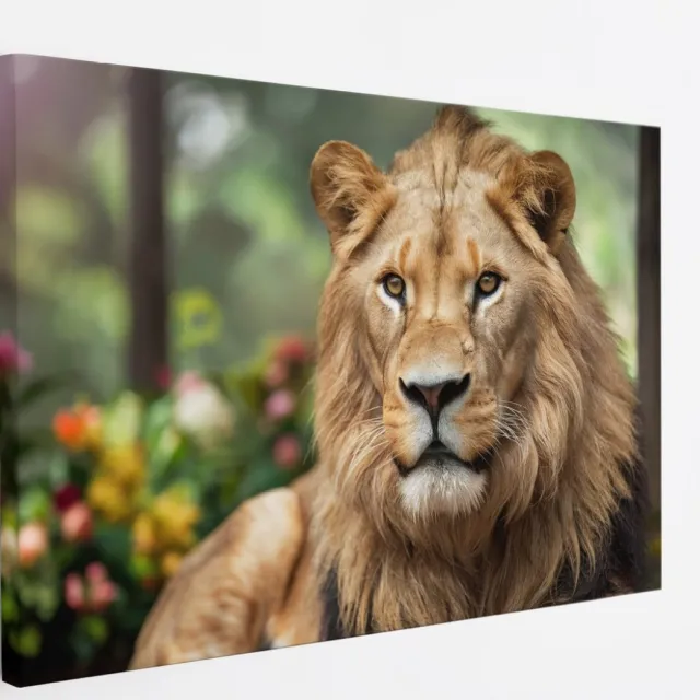 Saammp Canvas Schilderij - Leeuw tussen de bloemen - Dieren - Natuur - 40x30 - Foto op canvas - Wanddecoratie - Muurdecoratie Woonkamer - Slaapkamer decoratie - Canvas Print Multicolor