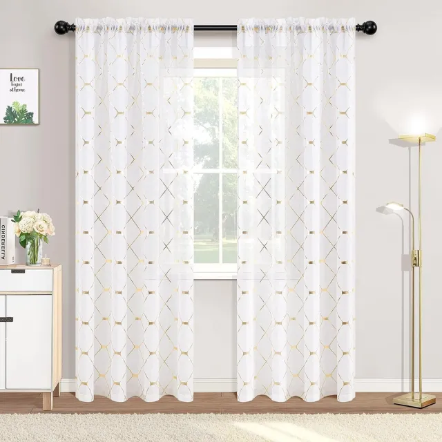 Joywell Witte en gouden voile gordijnen, 132 x 215 cm, set van 2, getextureerde witte gordijnen, diamanttransparante privacyglitter, decoratieve voile gordijnen voor woonkamer, slaapkamer