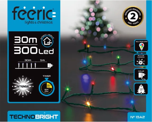Feeric lights & Christmas Feeric lights Kerstverlichting - gekleurd - 30 meter - 300 led lampjes - groen snoer