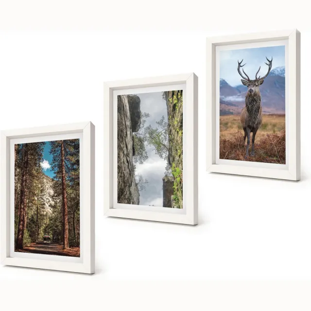Coloray 3-Delige Schilderij Set - Weg door het bos, bergen en herten in de natuur. - 20x30 - Muurdecoratie - Wanddecoratie - Slaapkamer - Woonkamer Decoratie Witte lijst
