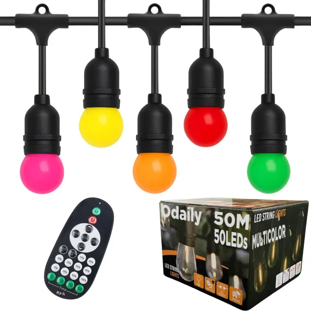 Odaily Lichtsnoer Buiten - 50 Meter - 50 LED Lampen - Multicolor Feestverlichting - Dimbaar - IP65