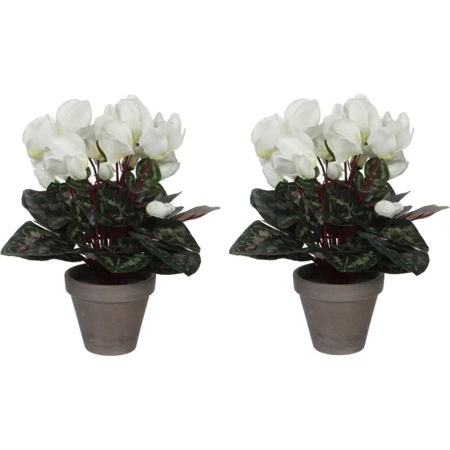Mica Decorations Kunstplant - 2x stuks - cyclaam - wit - in pot - 30 cm - Kunstplanten met bloemen