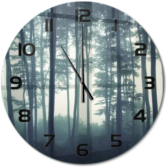 TULUP Wandklok - Mist in het bos Decoratieve Glazen Klok - fi60 cm - Zwart Glazen Wandklok Design - Zwarte handen - Ronde Klok - Glazen Klok Met Print - Wandklok Glas Met Motief