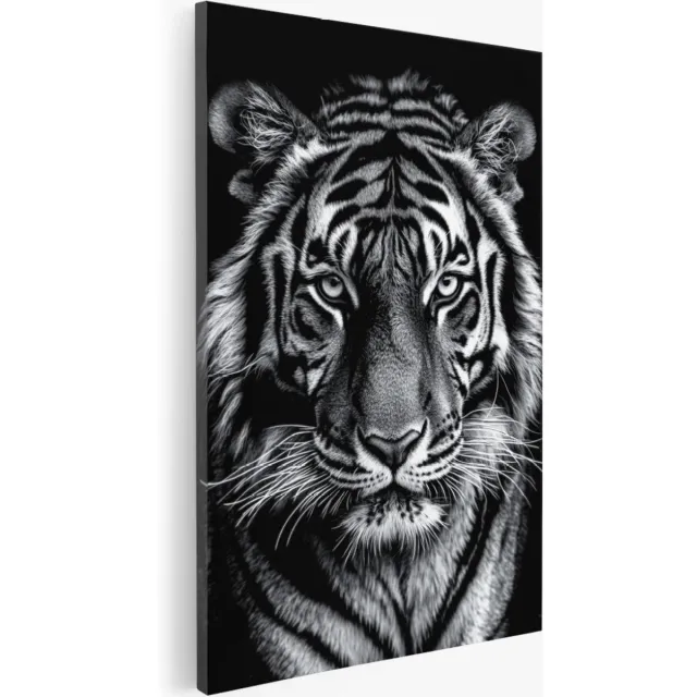 Saammp Canvas Schilderij - Tijger - Zwart-wit - Natuur - Dieren - 40x60 - Foto op canvas - Wanddecoratie - Muurdecoratie Woonkamer - Slaapkamer decoratie - Canvas Print Multicolor