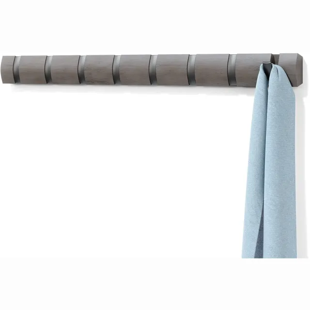 Famanu Wandkapstok Flip met 8 haken, hout, grijs en tin, voor het ophangen van jassen en accessoires