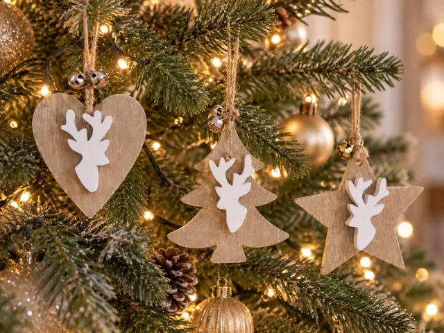 ZoeZo Design 10 stuks - kerst - kersthangers - kerstboomhanger - rendier - kersthanger - kerstdecoratie - assorti - afmeting per stuk circa 10 x 10 cm - met zilveren belletjes wit - houtskleur