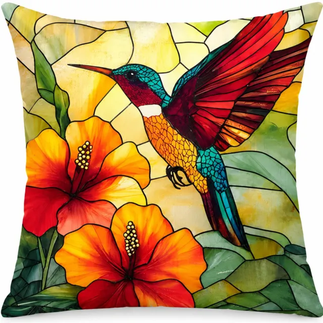 SWGOTA Linnen kussenhoes 45 x 45 cm met kolibrie- en bloemenprint - Vierkante sierkussenhoes voor bank en slaapkamer Geel