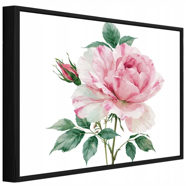 WALLARENA Schilderij op canvas in zwarte lijst - 40x30 cm - roze roos en bloemen - wanddecoratie woonkamer en slaapkamer Veelkleurig