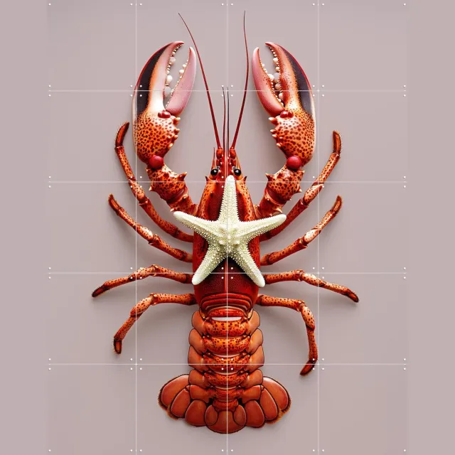 IXXI Red Lobster with Starfish - Pastel Pink, OTTI - 80 x 100 cm - Grote wanddecoratie en posters - Kleurrijk, Modern, Strandhuis, Keuken, Eetkamer Roze / Rood