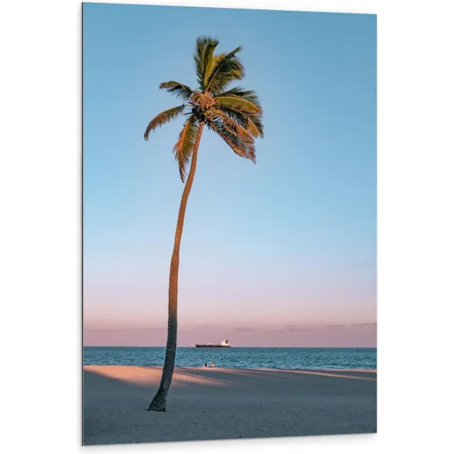 KuijsFotoprint Dibond - Palmboom op Strand met Zee - 80x120cm Foto op Aluminium (Met Ophangsysteem) Blauw