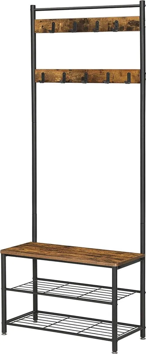 Acaza Garderoberek - Kapstok met 9 Haken en Schoenenrek – 70x32x175cm - Zwart en Vintage bruin Vintage donker bruin