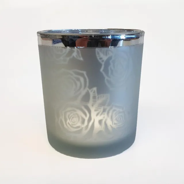 Goldbach theelicht met rozendesign - glas - grijs / zilver - 9 cm hoog