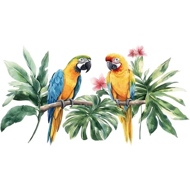 NUVEX Geel blauw groen papegaai muursticker – 2 tropische papegaaien op tak met grote bladeren en roze bloemen – aquarel dieren wandsticker – jungle decoratie voor woonkamer slaapkamer eetkamer