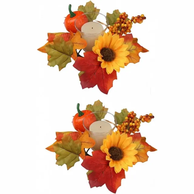 SNQ Set van 2 kandelaarskransen - Ca. 24 x 24 cm diameter - Kunstbloemen, esdoornbladeren en pompoenen – Creëer een feestelijke sfeer - Herfsttafeldecoratie - Geschikt voor binnen en buiten Oranje