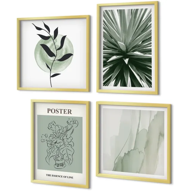 Coloray 4-Delige Schilderij Set - Plantenpatronen in tinten groen en beige - 40 x 40 cm en 40 x 60 cm - Muurdecoratie - Wanddecoratie - Slaapkamer Gouden lijst