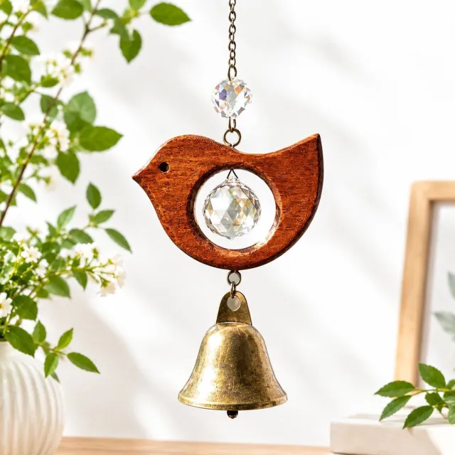 VHV Houten vogelzonvanger - Windbel met ophangkoord - Bronzen windbel met beukenhouten en kristallen belletjes - Hangende decoratie voor tuin en raam - Tuin decoratie - Het ideal cadeau voor vrienden Bruin