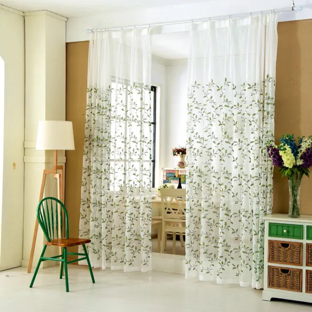 Floraweg Crèmekleurige, semi-transparante vitrages met borduursels van frisgroene bladeren; kant-en-klare decoratieve gordijnen voor slaapkamers, woonkamers en balkons, 132x160cm wit