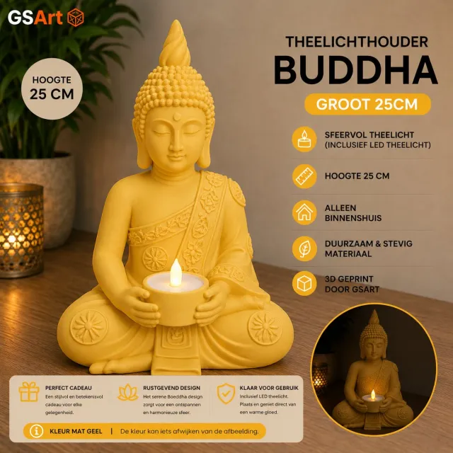 GSArt Theelichthouder Buddha Groot 25 cm – Boeddha Beeld met LED Theelichtje - Mat Geel