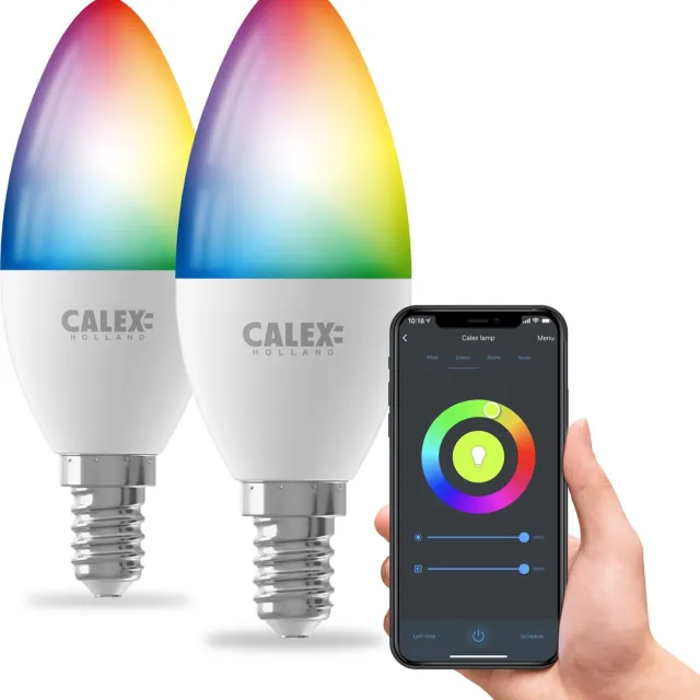 Calex Slimme Lamp - Set van 2 stuks - Wifi LED Verlichting - E14 - Smart Bulb - Dimbaar - RGB en Wit licht - 4.9W