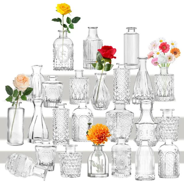 Famanu Set van 24 kleine glazen vazen, vintage stijl, heldere bloemenvaas, verschillende maten, perfect voor tafeldecoratie in woonkamer en badkamer wit