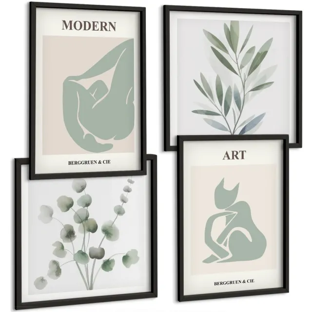 Coloray 4-Delige Schilderij Set - Plantmotieven In Delicate Groene Tinten - 40 x 40 cm En 40 x 60 cm - Wanddecoratie - Schilderijen Set - Kantoor - Interieur Decoratie Zwarte lijst