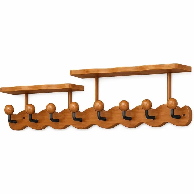 PolkaHome Wandkapstok met Plank - Bamboe Kapstok Wand - 2 Opbergplanken - 8 Kapstokhaken - Wandrek Hal - Jas- en Tassenrek - Bruin