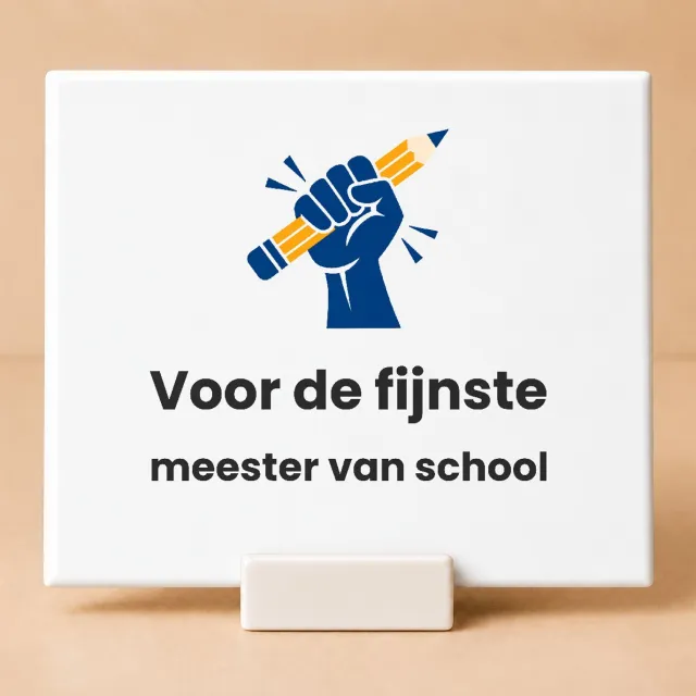 Bedruk King Strakke minimalistische Juf en Meester 'Bijna Kerstvakantie' Tegel – Stijlvolle decoratie voor leerkrachten en scholen - 15 x 15 cm met houder Wit