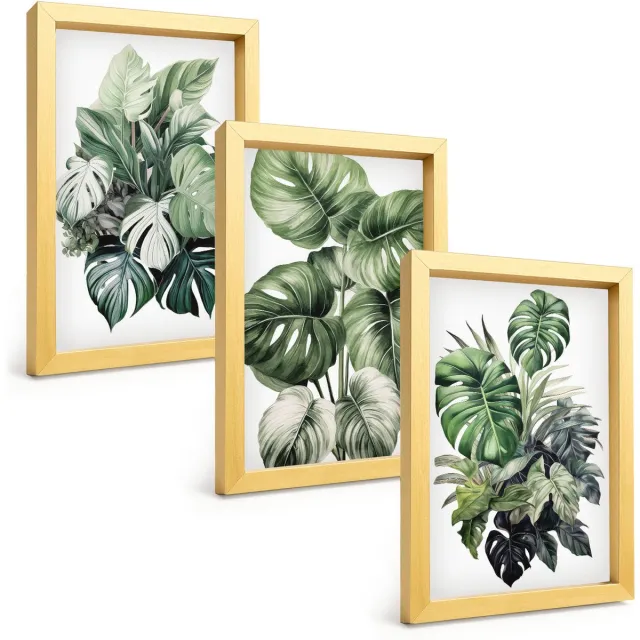 TULUP 4-Delige Schilderij Set - Groene bladeren van tropische planten, aquarelverf - 20 x 30 cm - Decoratieve Muurdecoratie - Slaapkamer - Interieur Decoratie Gouden lijst