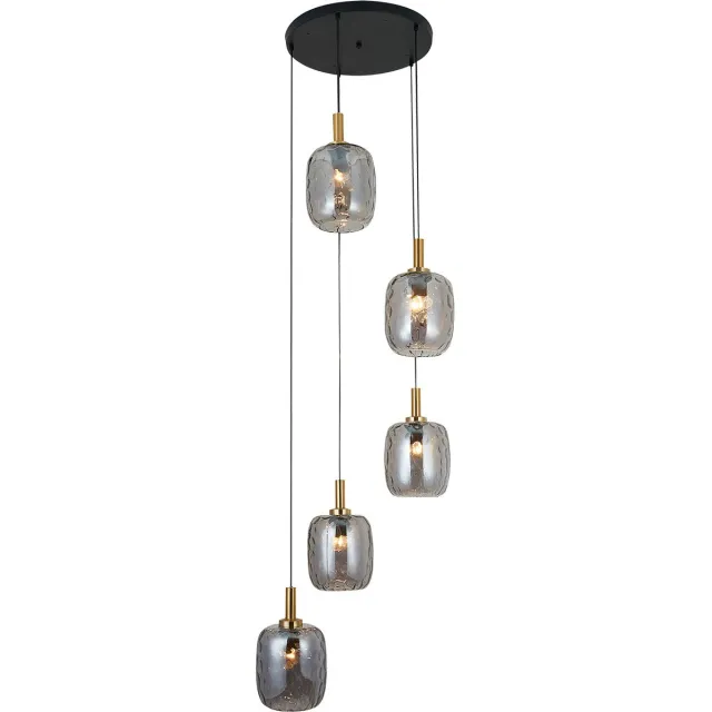 Fantasia OKIRU pendellamp 5xE27 zwart, 5x glazen kap as grijs Ø180mm, armatuur Ø400mm, dimbaar, IP20 zwart + as grijs