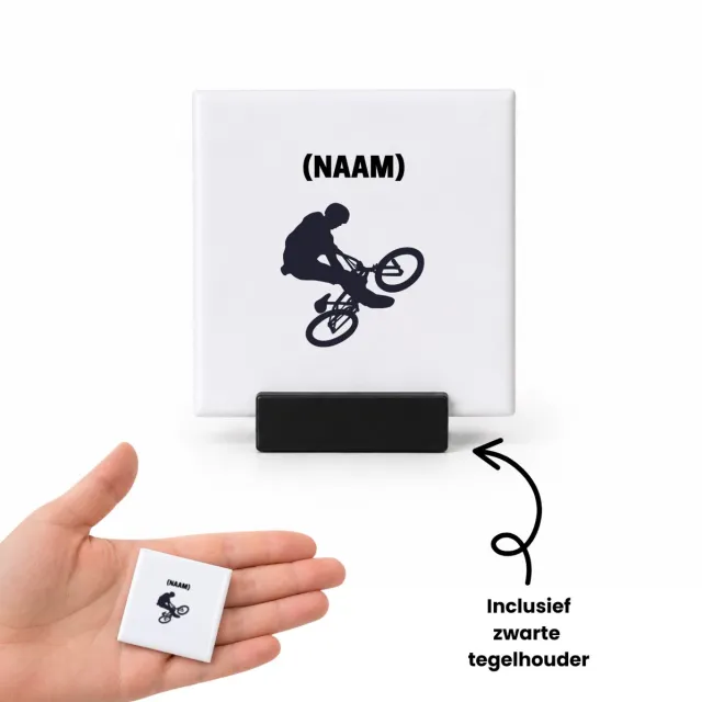 Hacebo BMX met eigen naam tegeltje met tegelhouder - Sport - Fietser - tegeltjes met tekst - Fiets - spreuktegels - 4.8x4.8 CM Wit