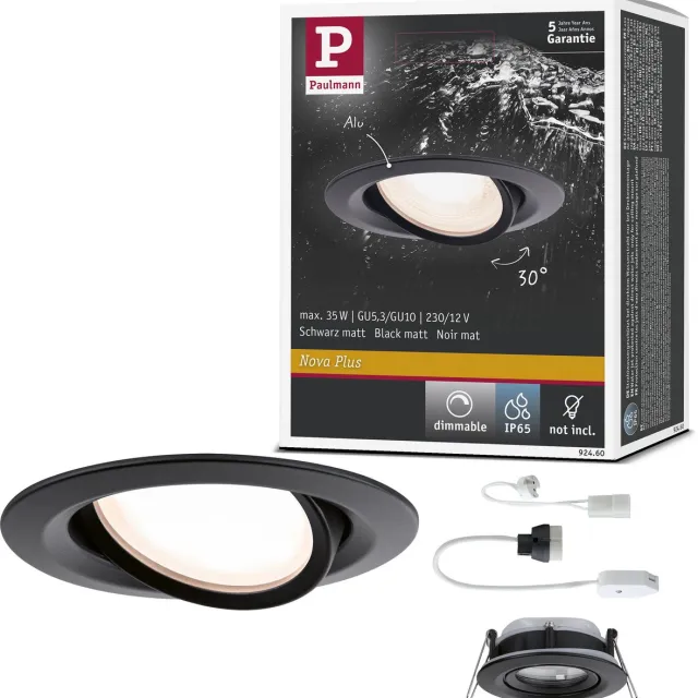 Paulmann Inbouwlamp Nova Plus zwenkbaar IP65 rond 93 mm 30° GU5,3 / GU10 max. 35W 230/12V dimbaar Zwart mat