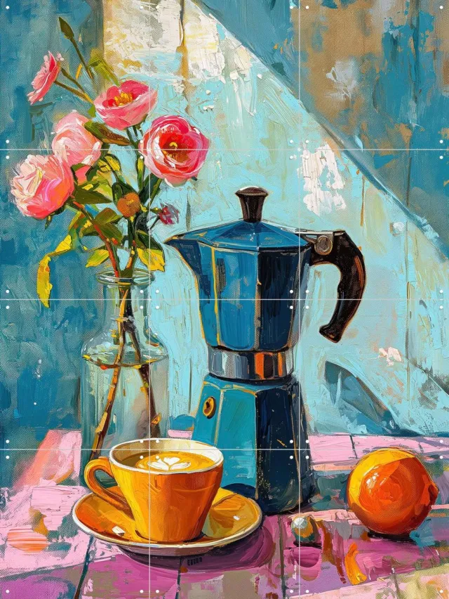 IXXI Painting of an Espresso Coffee Pot, OTTI - 60 x 80 cm - Grote wanddecoratie en posters - Kwaststreken, Olieverf, Modern, Kleurrijk, Eetkamer Blauw