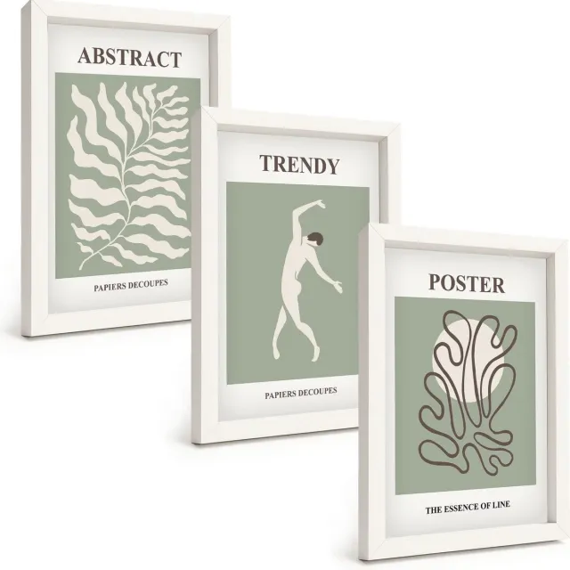 TULUP 3-Delige Schilderij Set - Plantenpatronen in groene tinten van Henri Matisse - 20x30 - Stijlvolle Muurdecoratie - Slaapkamer - Decoratieve Schilderijen Witte lijst