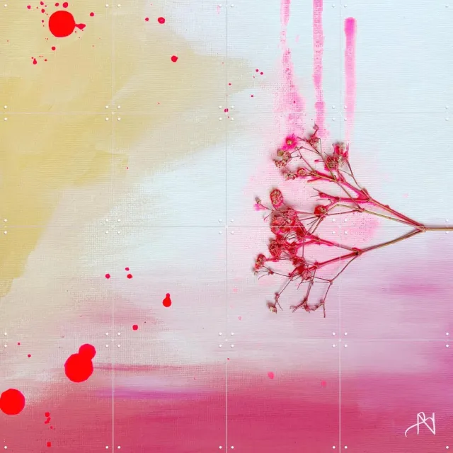 IXXI Flourish, Art by Naokies - 80 x 80 cm - Grote wanddecoratie en posters - Kleurrijk, Aquarel, Slaapkamer, Woonkamer, Takken Roze / Geel